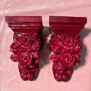 Pair of Decorative Rose Wall Corbels - Deep Wine Red